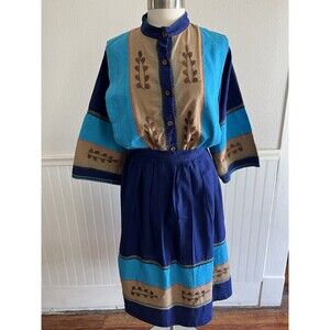 Vintage Irene Pulos Embroidered Mexican Skirt & Blouse Set 2 Piece Blue Brown L